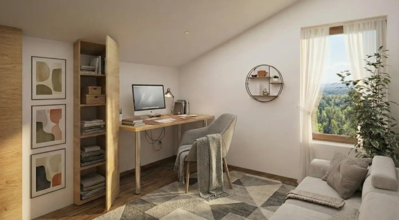 Arhitekturna vizualizacija pisarne. Notranja oprema, predvidena v toplih barvnih tonih, s poudarkom na lesu.