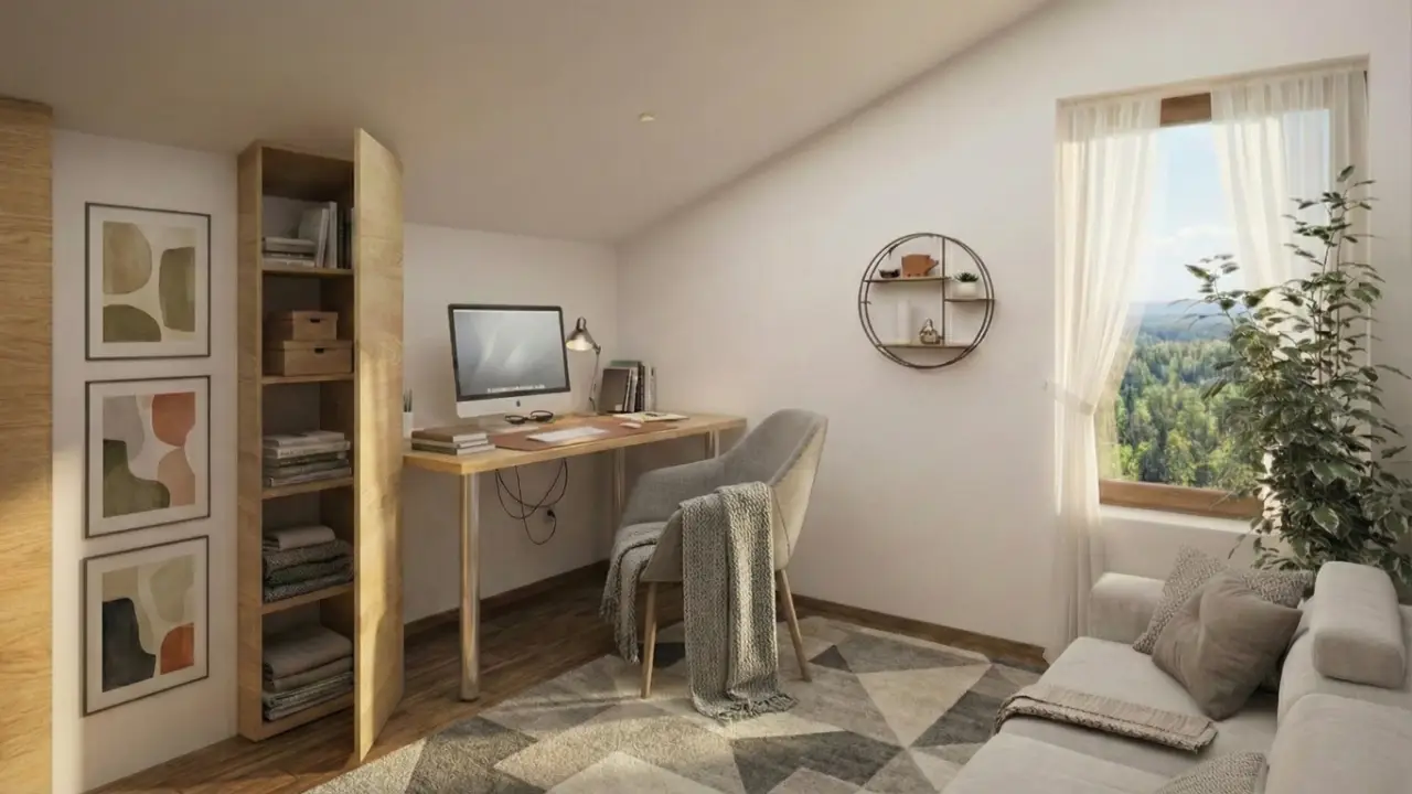 Arhitekturna vizualizacija pisarne. Notranja oprema, predvidena v toplih barvnih tonih, s poudarkom na lesu.